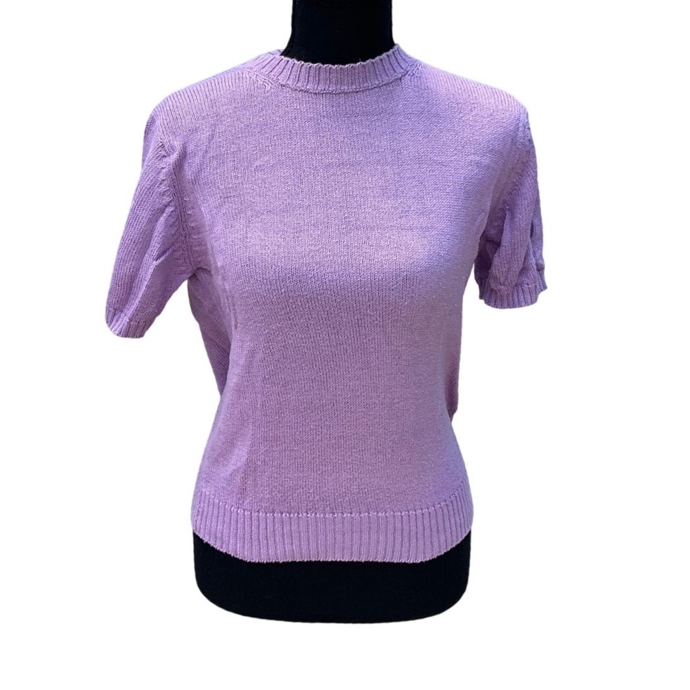 Lands End Vintage Lavender Purple 100% Cotton Short Sleeve Knit Sweater Large